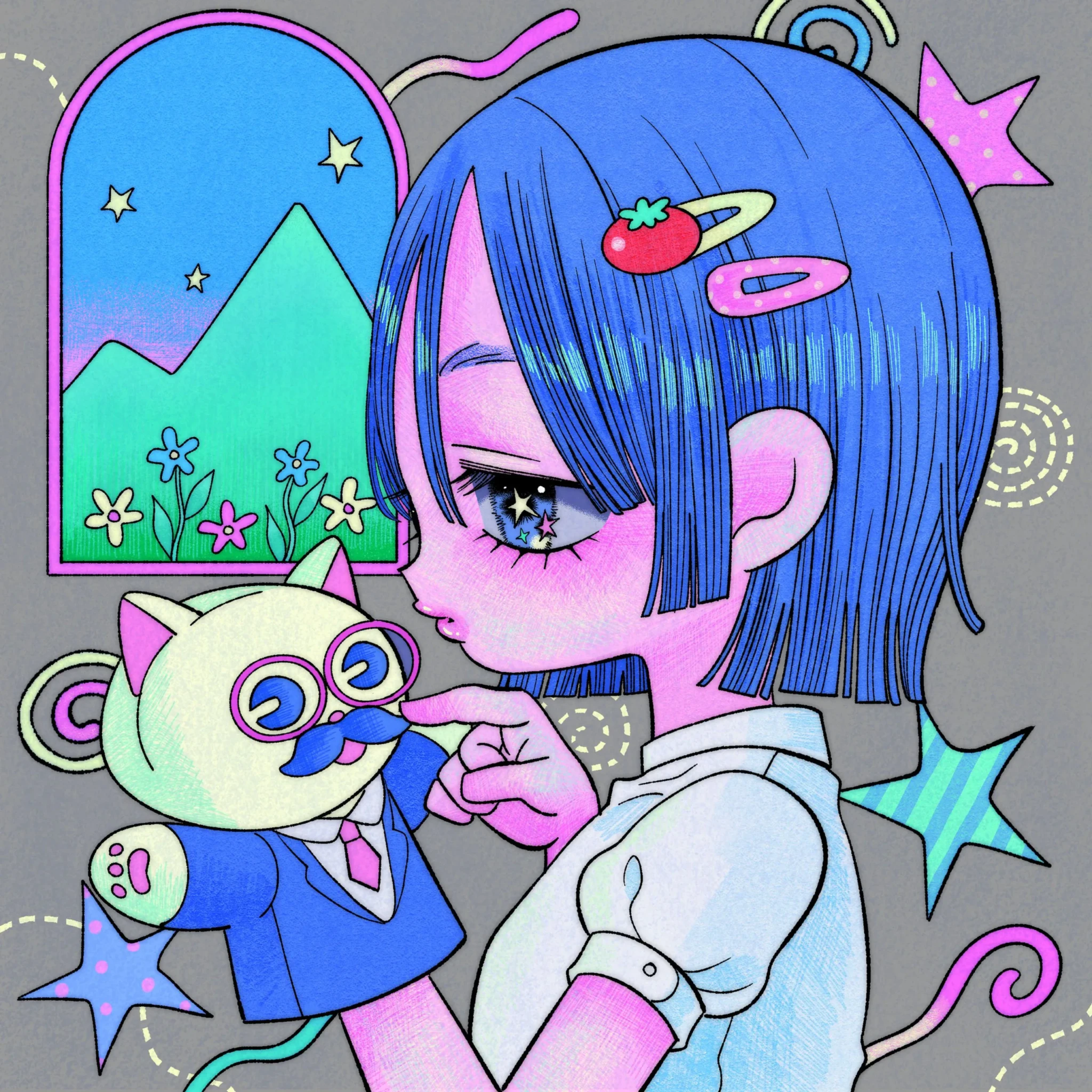 Illustrated cover art showing a blue-haired girl touching the nose of a cat plush in a blue suit