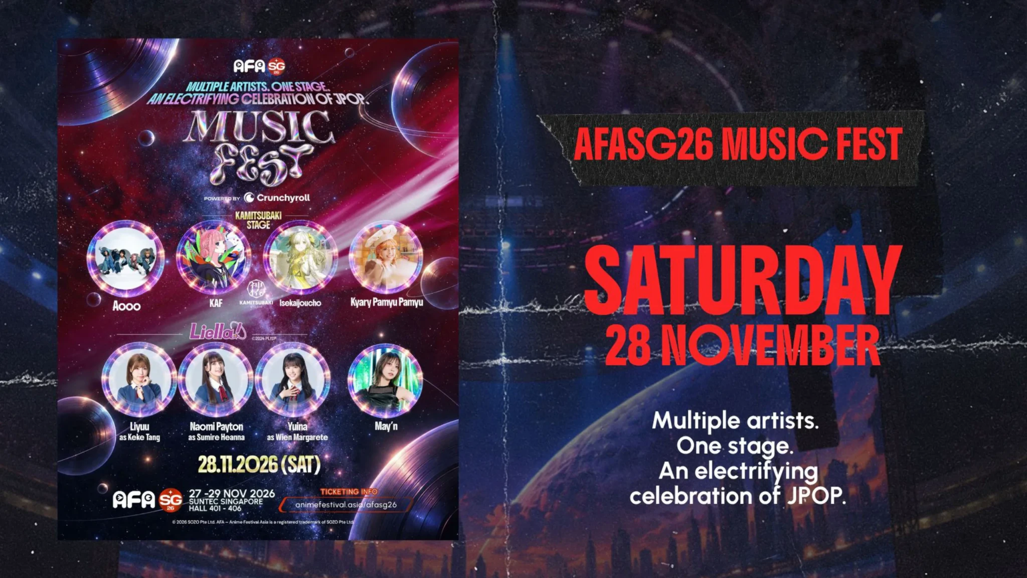 AFASG26 Music Fest promotional artwork listing Aooo, KAF, Isekaijoucho, Kyary Pamyu Pamyu, Liella! and May'n