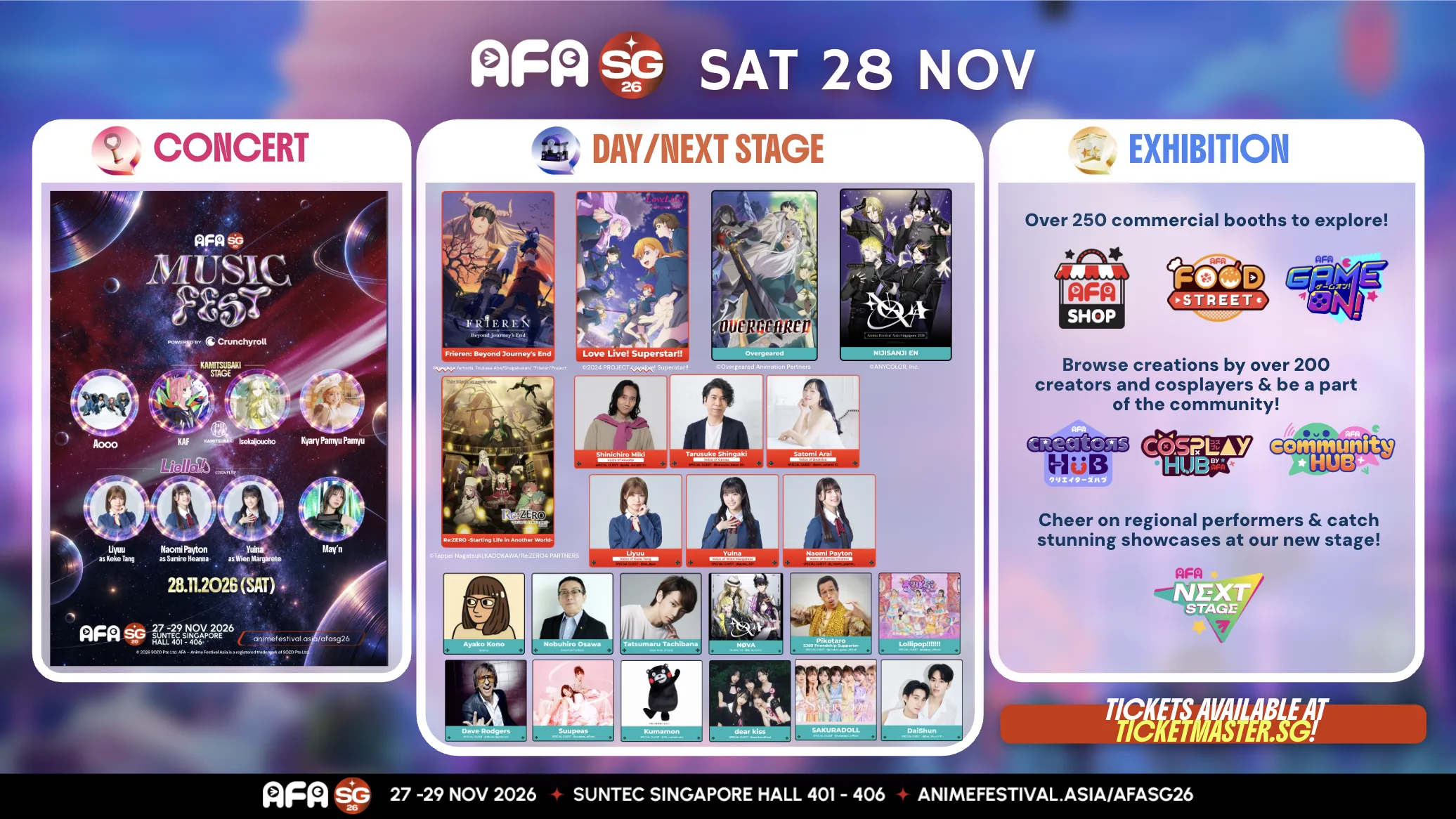 Infographic of the AFASG26 Saturday 28 November concert, stage and exhibition line-ups