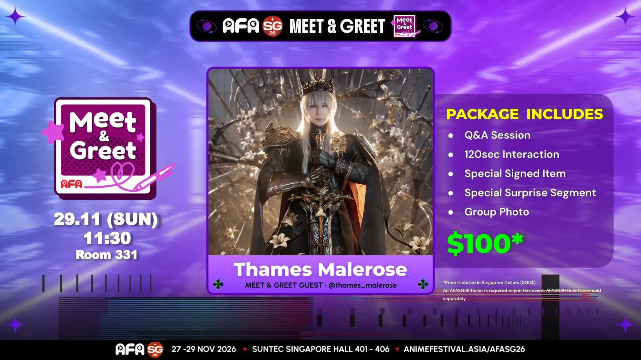 Promotional graphic for the Thames Malerose Meet and Greet with package inclusions and price