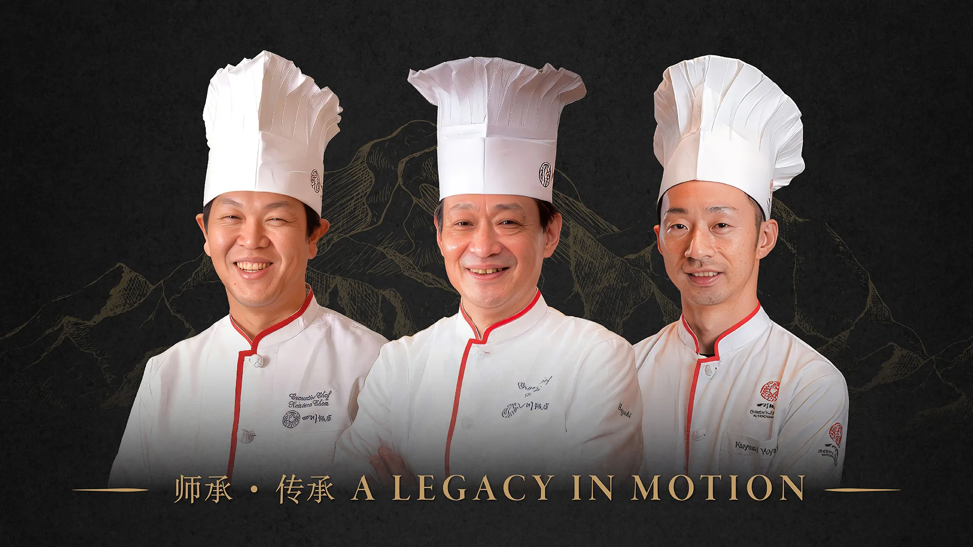 Chef Chen Kentaro, Chef Hiroaki Suzuki and Chef Yuya Hayashi in white toques and red-trimmed jackets posing together