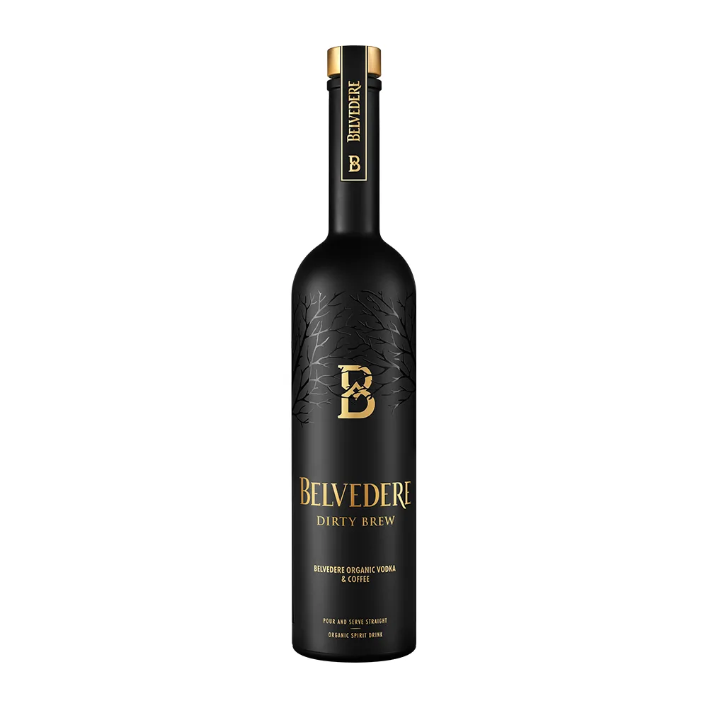 The matte black Belvedere Dirty Brew bottle with gold branding and a tree-branch pattern