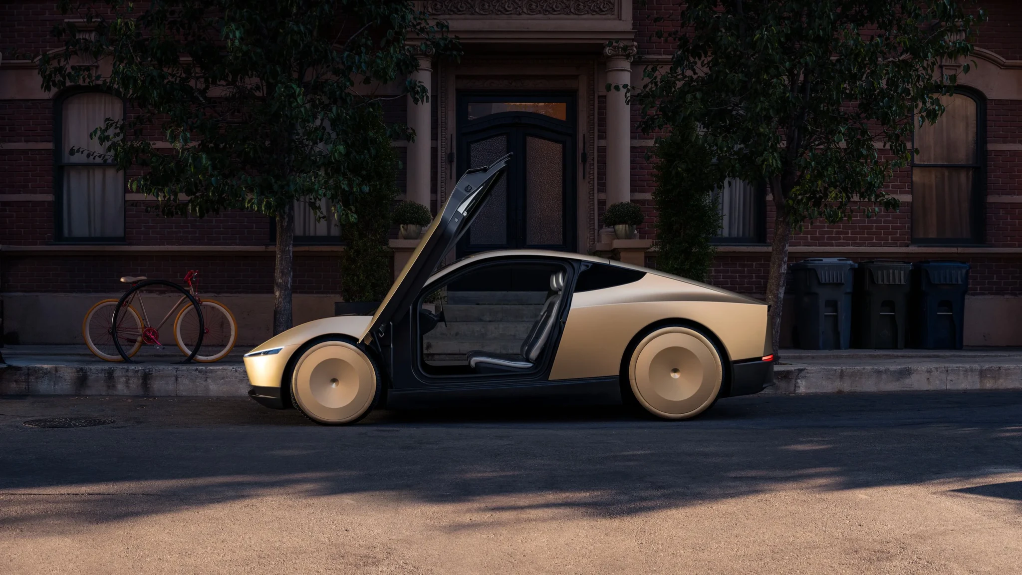 Tesla Cybercab with its door open at a city curb