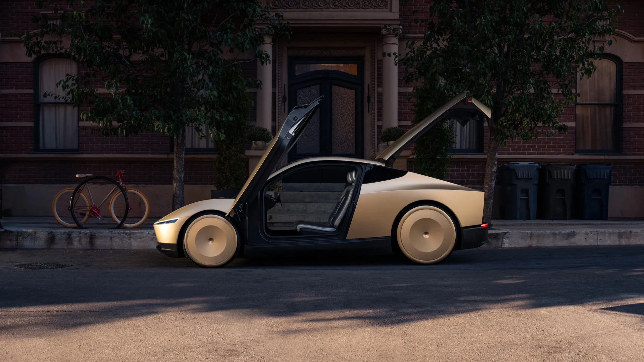Tesla Cybercab with both doors raised on a city street at dusk