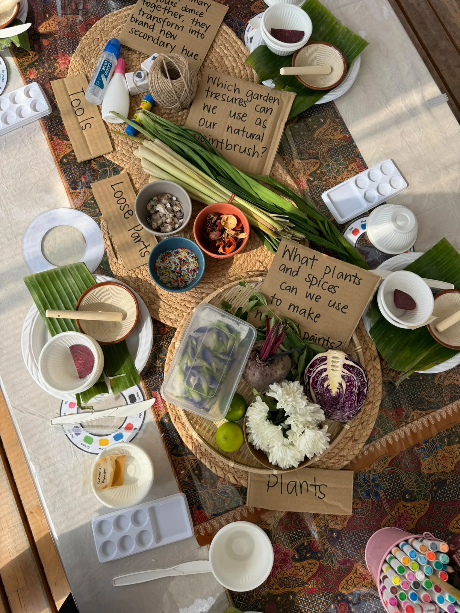 Overhead view of a craft table with natural paint ingredients like beetroot, red cabbage, butterfly pea flowers, turmeric and lemongrass on banana leaves.