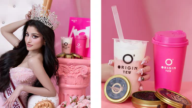 Riona Dighe in a tiara and sash beside a Riri's Pink Crown drink