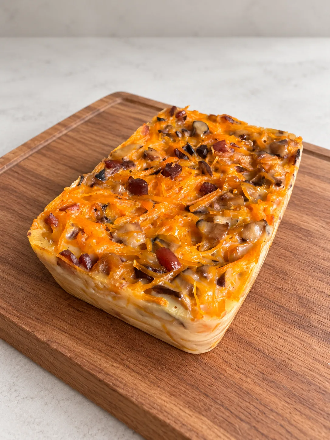 A second finished steamed cake on a wooden board with an orange shredded topping.