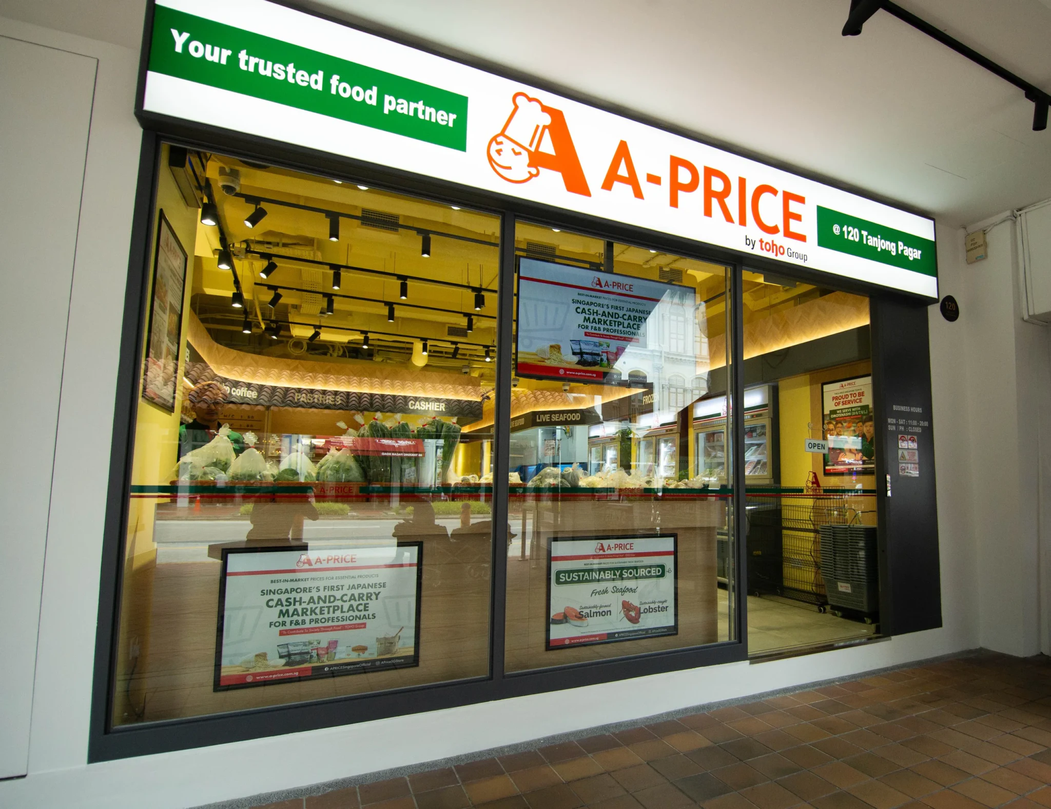 A-PRICE by TOHO Group storefront at 120 Tanjong Pagar with window displays and signage
