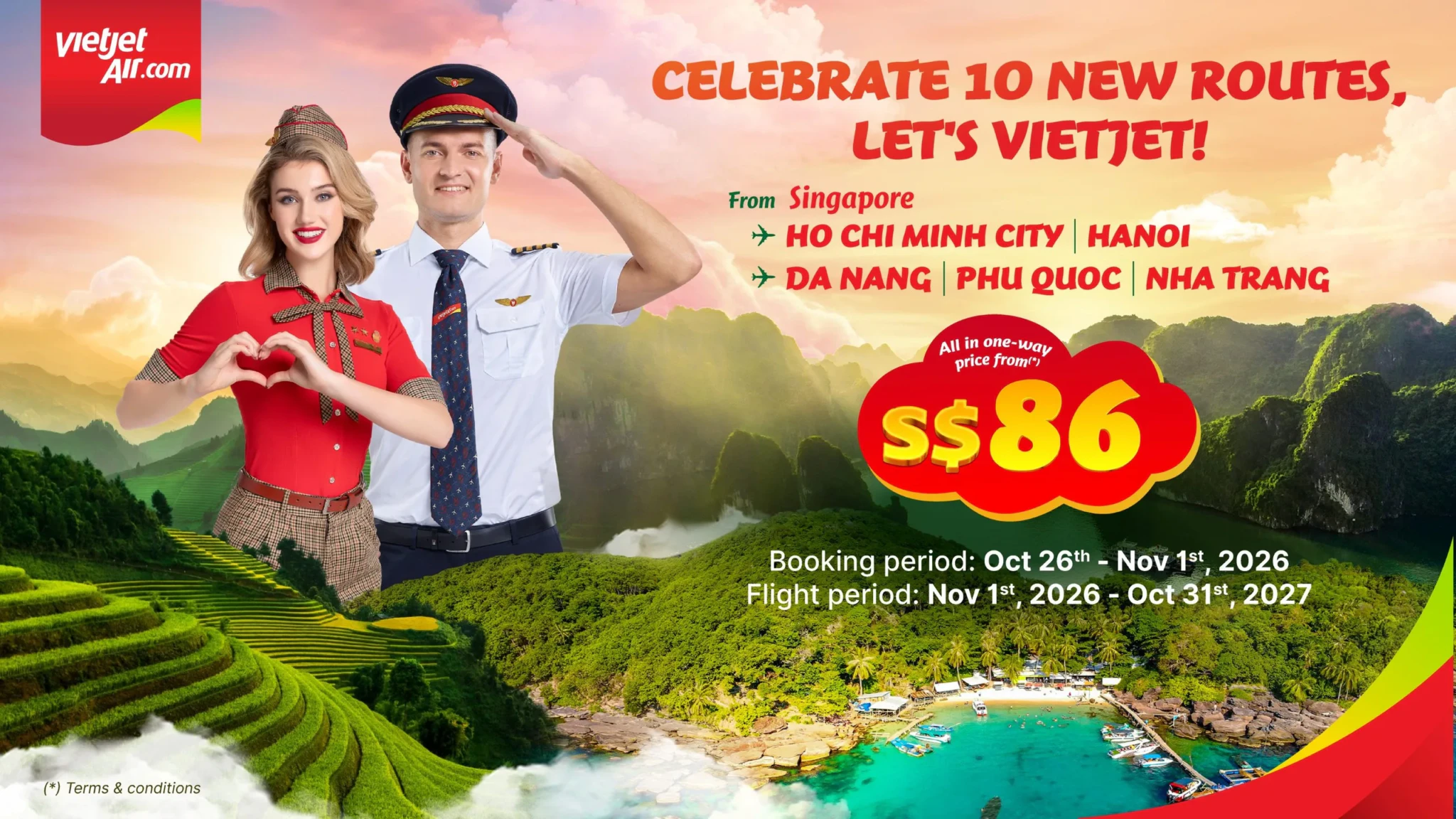 Vietjet promotional banner showing one-way fares from S$86 from Singapore, with two crew members and a Vietnamese landscape