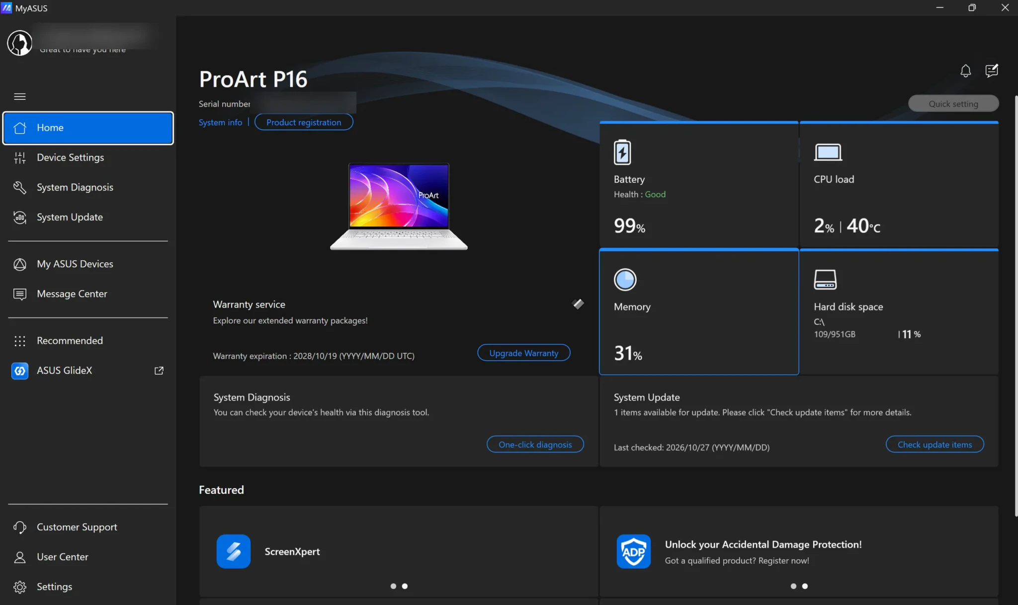 The MyASUS app open on the ProArt P16 screen, with personal details blurred