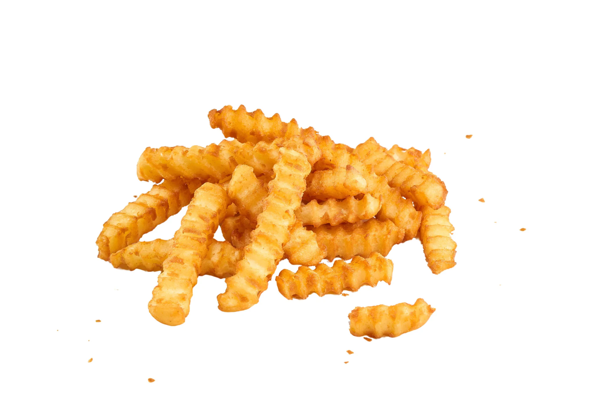 A pile of golden crinkle-cut fries