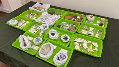 Finds laid out in labelled trays at the SHIPPED! preview.