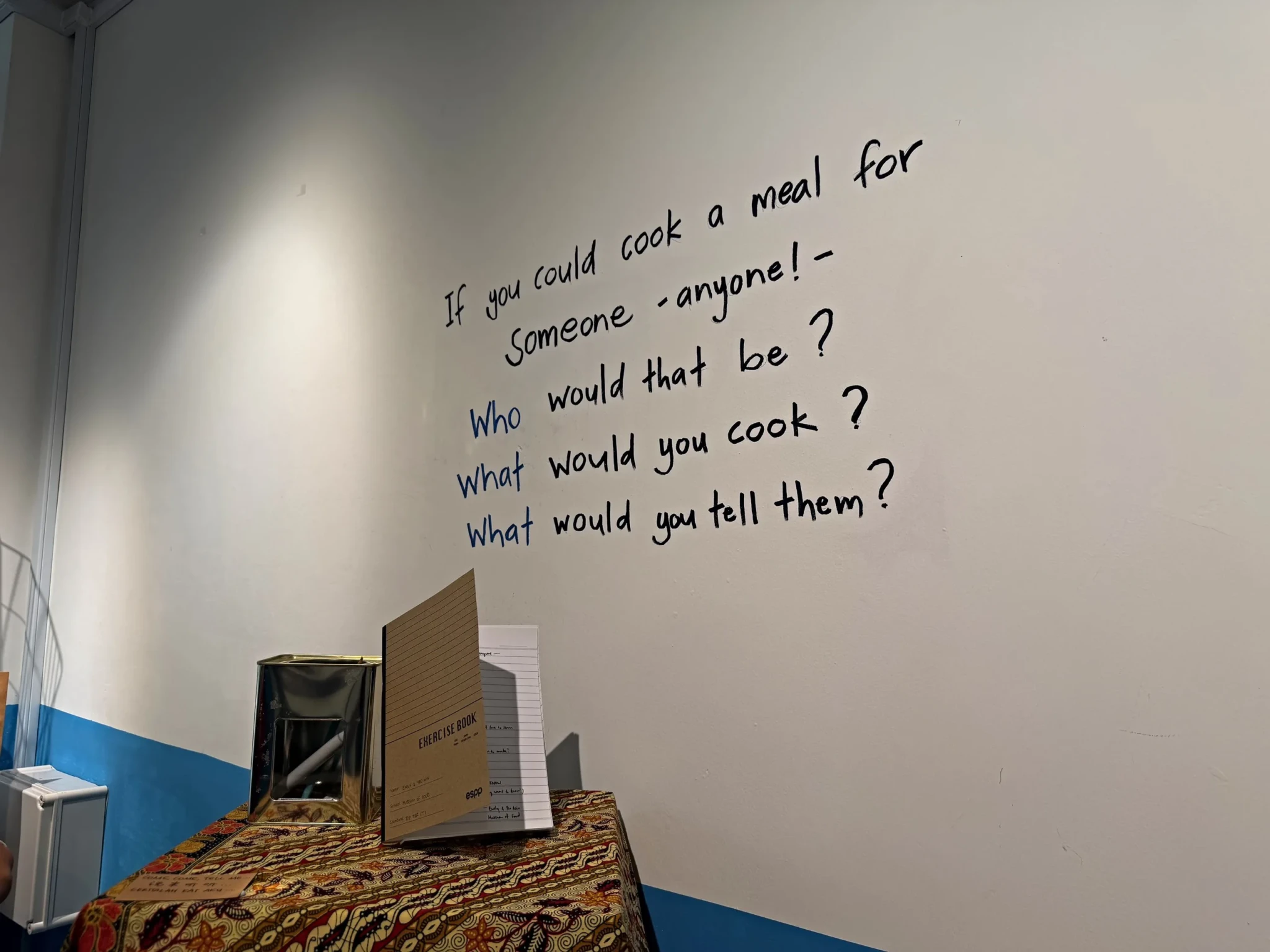 A wall prompt asking who you would cook a meal for