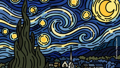 A doodled version of The Starry Night, with swirling blue sky, glowing yellow stars, a crescent moon and a dark cypress tree