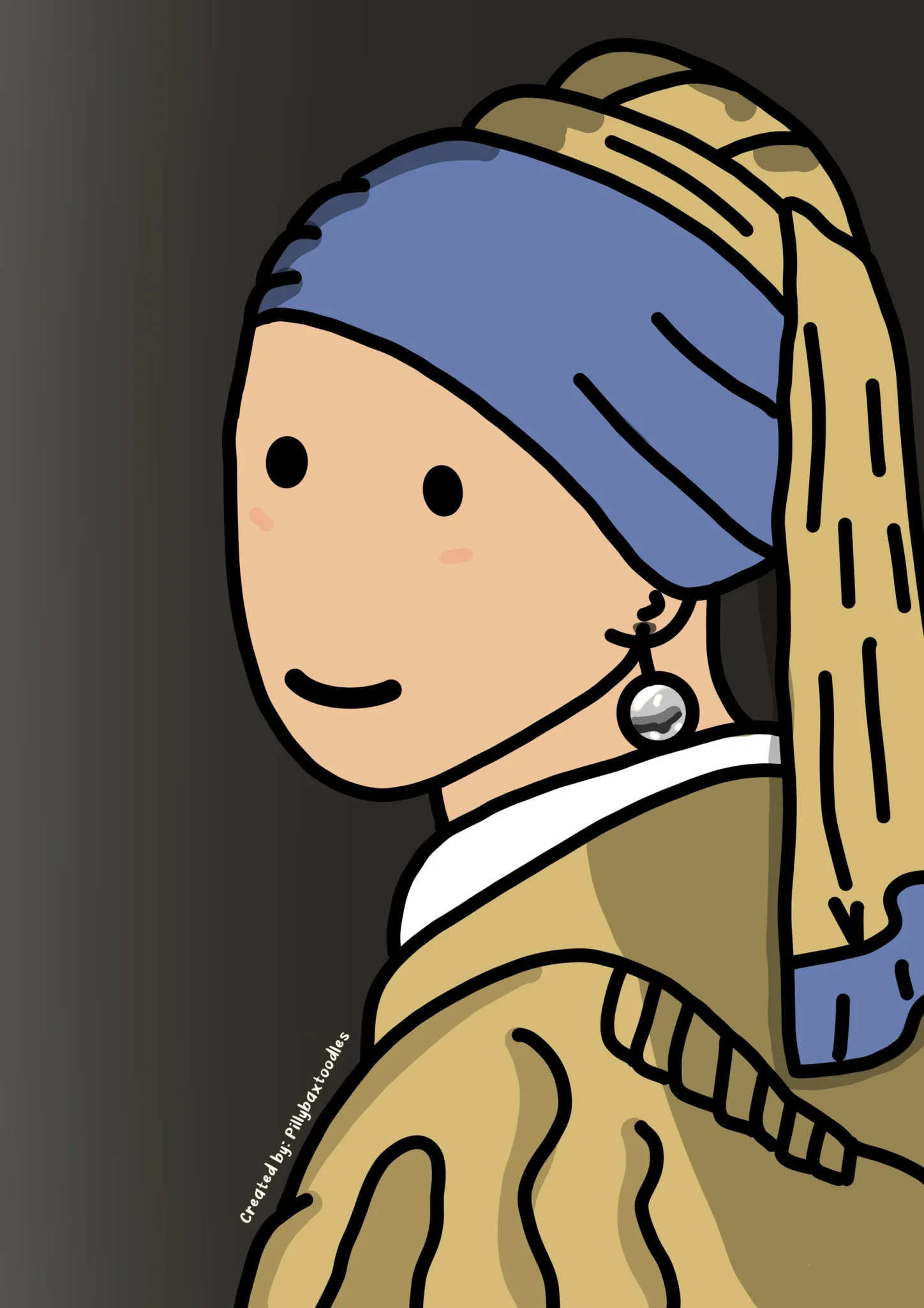 A doodle of Girl with a Pearl Earring in a blue headscarf, pearl earring and gold-and-white collar, drawn in black outlines
