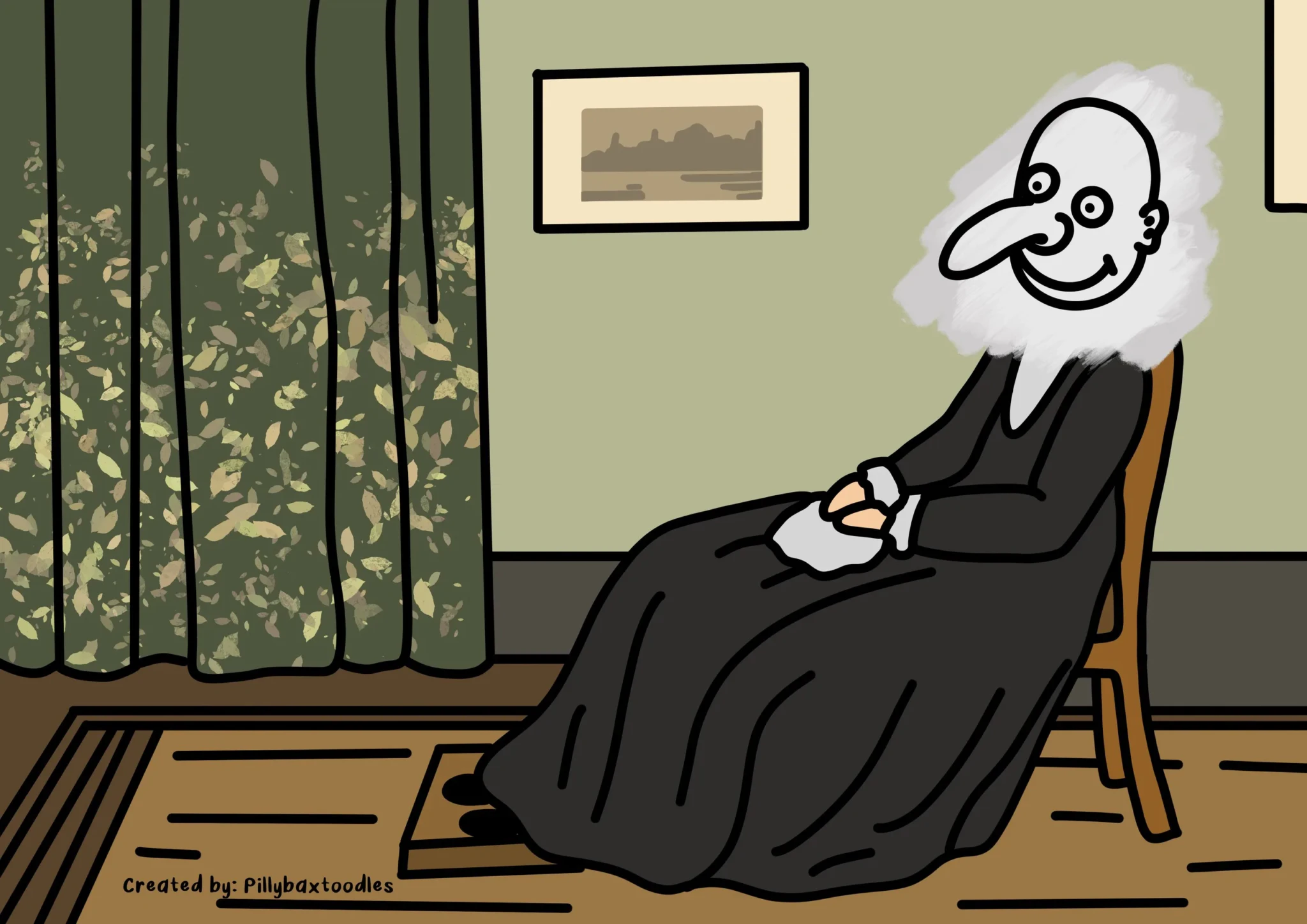 A doodle of a famous seated portrait: an elderly figure with white curly hair in a dark gown, seated beside a leaf-patterned curtain