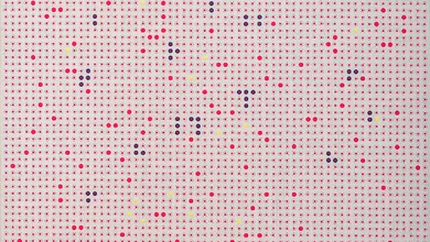 A Big Flower by Tang Kok Soo, a grid of red and purple dots with yellow accents on paper