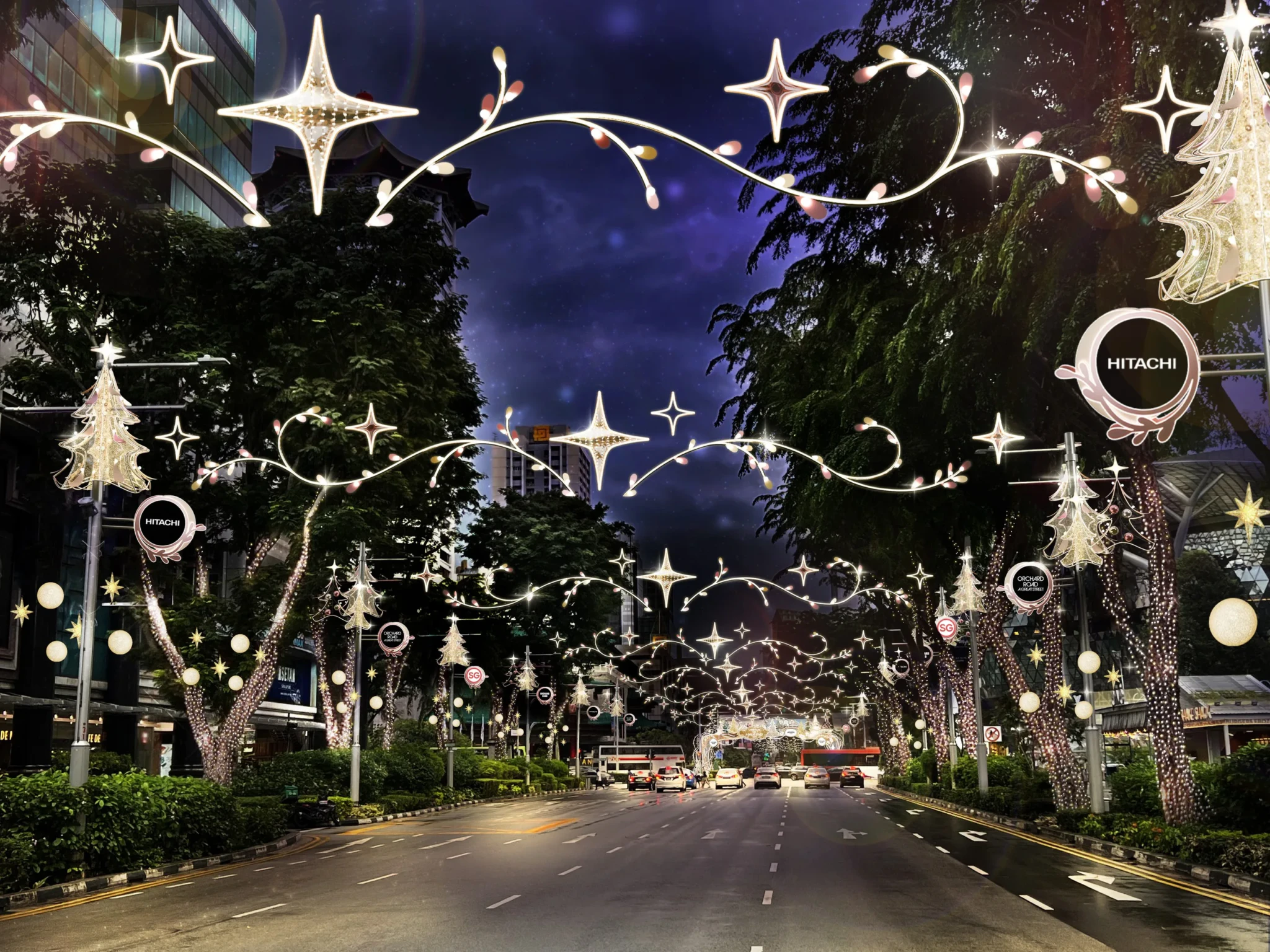 Gold Christmas lights strung over Orchard Road