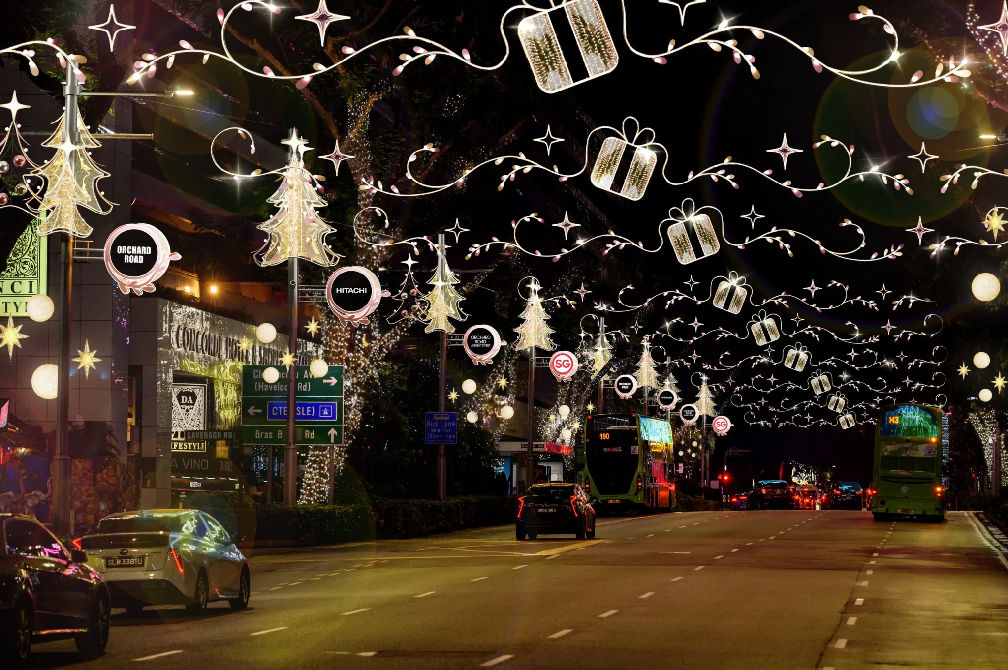 Christmas lights strung over Orchard Road at night